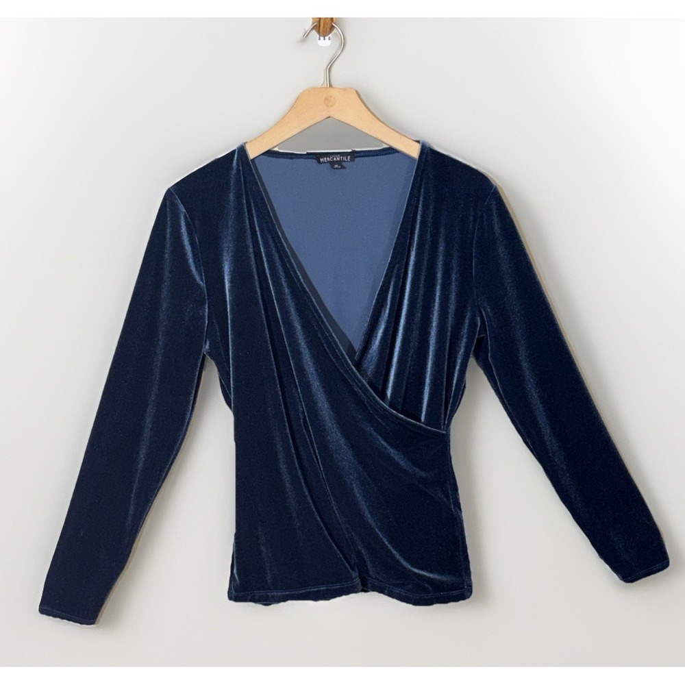 J Crew Velvet Top Women's M Whimsygoth Fairy Stretch Faux Wrap blue Glitter